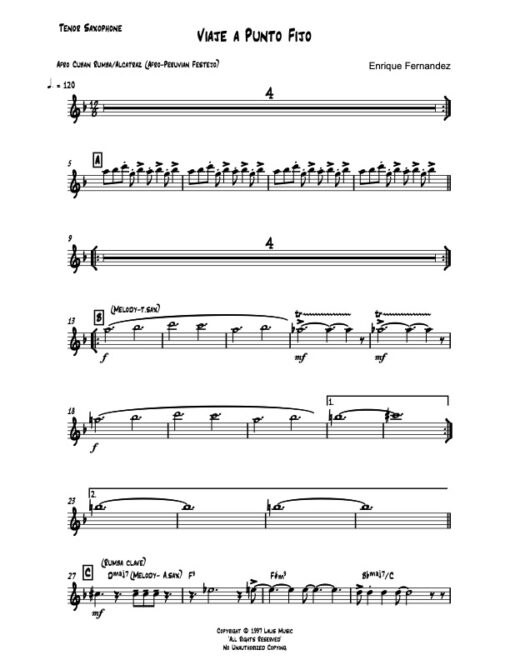 Viaje a Punto Fijo tenor (Download) Latin jazz printed sheet music www.3-2music.com composer and arranger Enrique Fernandez combo (sextet)