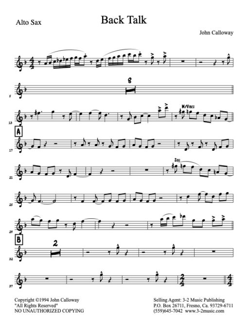 Back Talk alto (Download) Latin jazz printed sheet music www.3-2music.com composer and arranger John Calloway little big band instrumentation