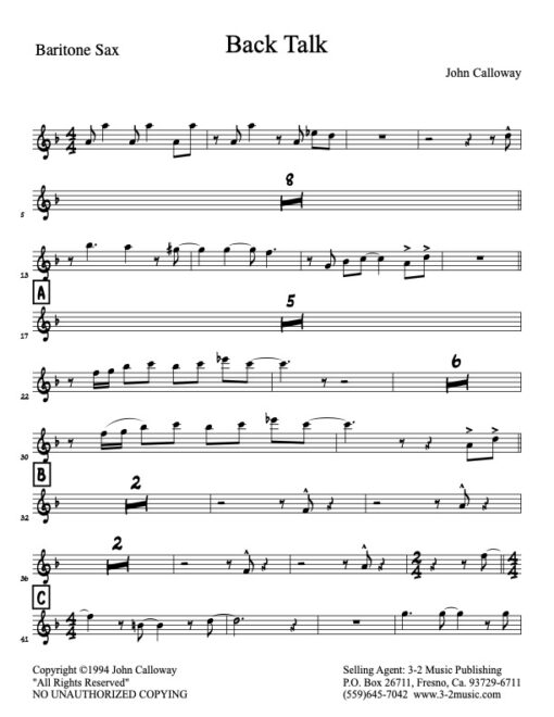 Back Talk baritone (Download) Latin jazz printed sheet music www.3-2music.com composer and arranger John Calloway little big band instrumentation