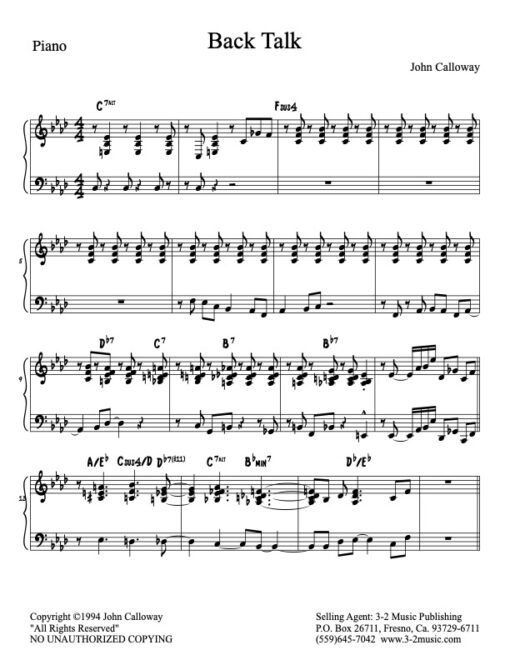 Back Talk piano (Download) Latin jazz printed sheet music www.3-2music.com composer and arranger John Calloway little big band instrumentation