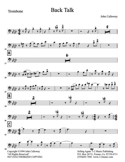 Back Talk trombone (Download) Latin jazz printed sheet music www.3-2music.com composer and arranger John Calloway little big band instrumentation