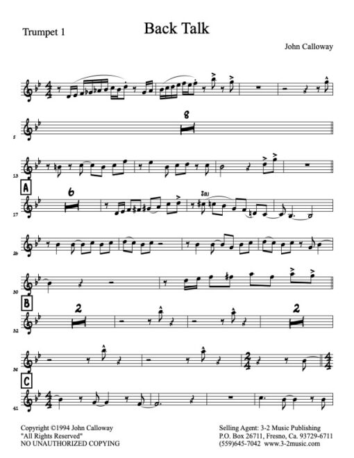 Back Talk trumpet 1 (Download) Latin jazz printed sheet music www.3-2music.com composer and arranger John Calloway little big band instrumentation