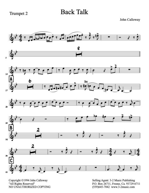 Back Talk trumpet 2 (Download) Latin jazz printed sheet music www.3-2music.com composer and arranger John Calloway little big band instrumentation