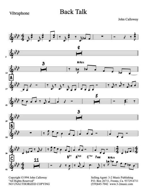 Back Talk vibraphone (Download) Latin jazz printed sheet music www.3-2music.com composer and arranger John Calloway little big band instrumentation