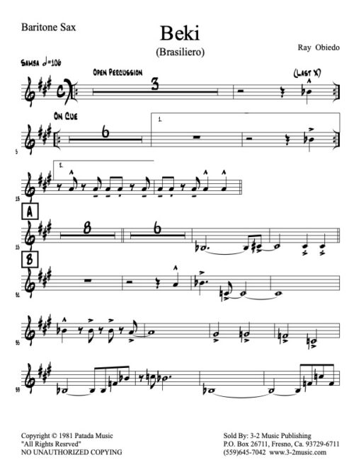 Beki baritone (Download) Latin jazz printed sheet music www.3-2music.com composer and arranger Ray Obiedo little big band instrumentation
