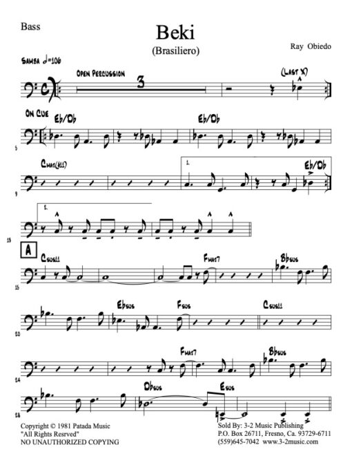 Beki bass (Download) Latin jazz printed sheet music www.3-2music.com composer and arranger Ray Obiedo little big band instrumentation
