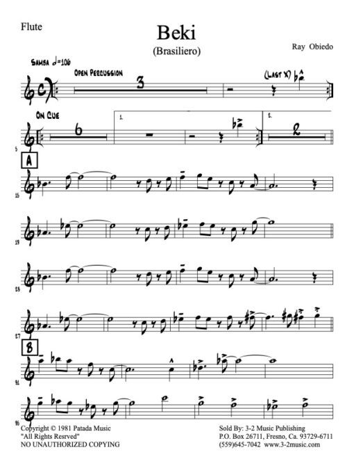 Beki flute (Download) Latin jazz printed sheet music www.3-2music.com composer and arranger Ray Obiedo little big band instrumentation