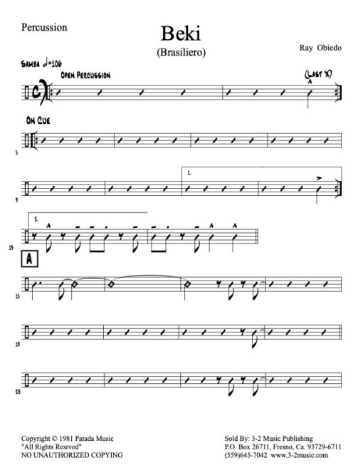 Beki percussion (Download) Latin jazz printed sheet music www.3-2music.com composer and arranger Ray Obiedo little big band instrumentation