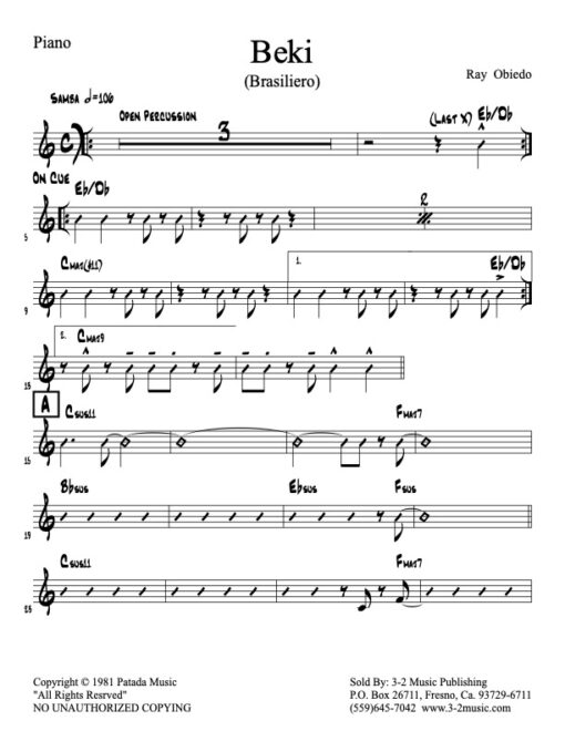 Beki piano (Download) Latin jazz printed sheet music www.3-2music.com composer and arranger Ray Obiedo little big band instrumentation