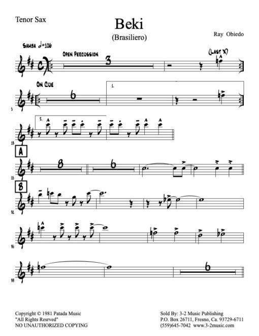 Beki tenor (Download) Latin jazz printed sheet music www.3-2music.com composer and arranger Ray Obiedo little big band instrumentation