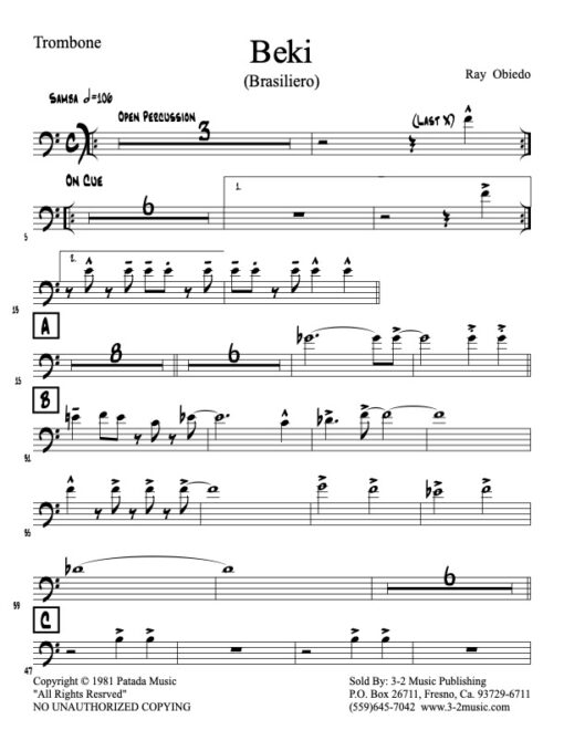 Beki trombone (Download) Latin jazz printed sheet music www.3-2music.com composer and arranger Ray Obiedo little big band instrumentation