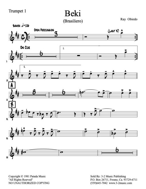 Beki trumpet 1 (Download) Latin jazz printed sheet music www.3-2music.com composer and arranger Ray Obiedo little big band instrumentation