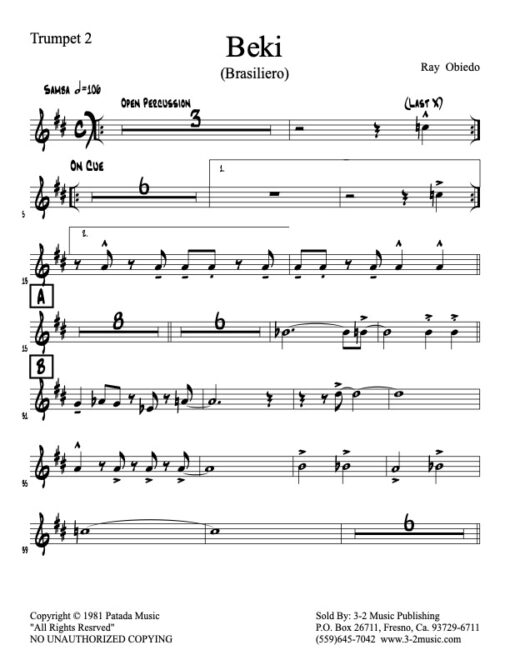 Beki trumpet 2 (Download) Latin jazz printed sheet music www.3-2music.com composer and arranger Ray Obiedo little big band instrumentation