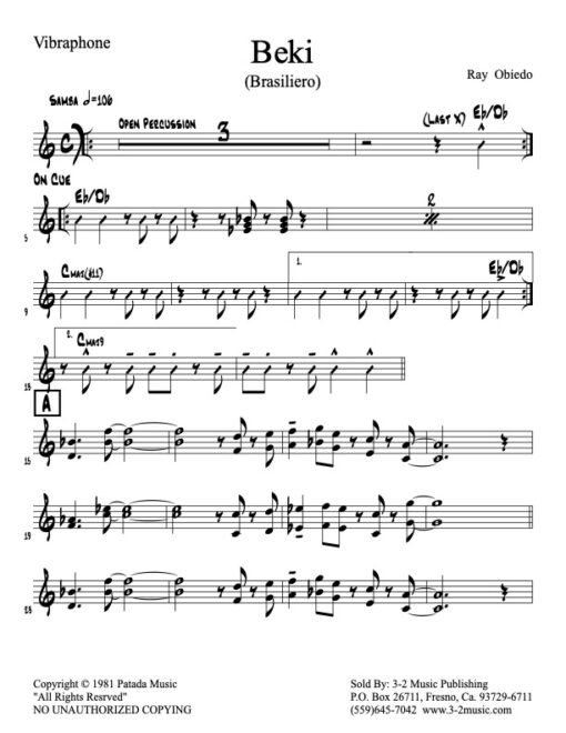 Beki vibraphone (Download) Latin jazz printed sheet music www.3-2music.com composer and arranger Ray Obiedo little big band instrumentation