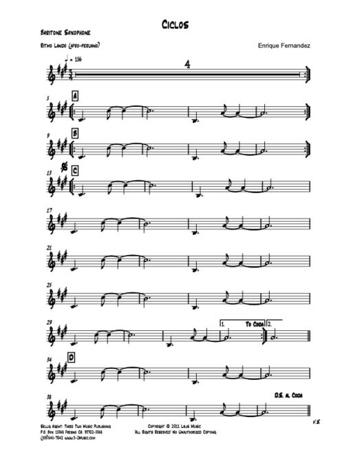 Ciclos baritone (Download) Latin jazz printed sheet music www.3-2music.com composer and arranger Enrique Fernandez combo (quartet)