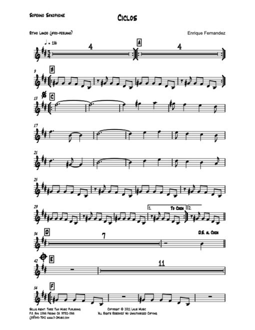 Ciclos soprano (Download) Latin jazz printed sheet music www.3-2music.com composer and arranger Enrique Fernandez combo (quartet)