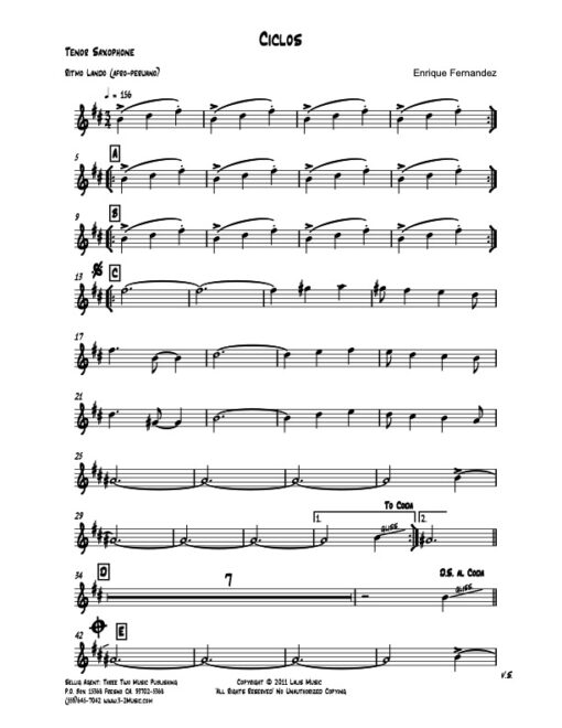 Ciclos tenor (Download) Latin jazz printed sheet music www.3-2music.com composer and arranger Enrique Fernandez combo (quartet)