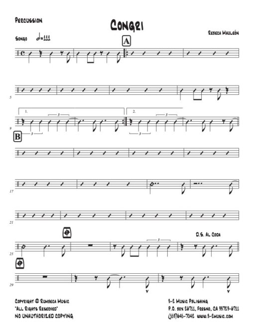 Congri percussion (Download) Latin jazz printed sheet music www.3-2music.com composer and arranger Rebeca Mauleón combo (nonet) instrumentation