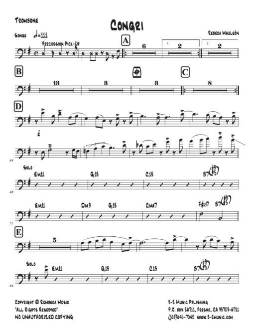 Congri trombone (Download) Latin jazz printed sheet music www.3-2music.com composer and arranger Rebeca Mauleón combo (nonet) instrumentation