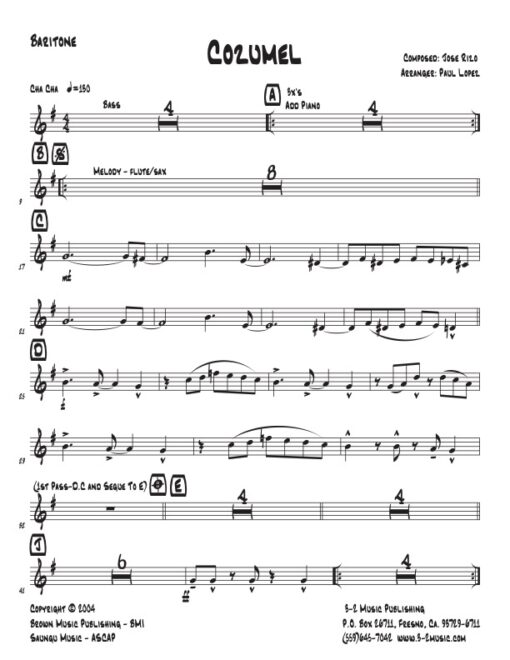 Cozumel baritone (Download) Latin jazz printed sheet music www.3-2music.com composer and arranger Jose Rizo little big band instrumentation