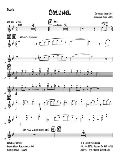 Cozumel flute (Download) Latin jazz printed sheet music www.3-2music.com composer and arranger Jose Rizo little big band instrumentation