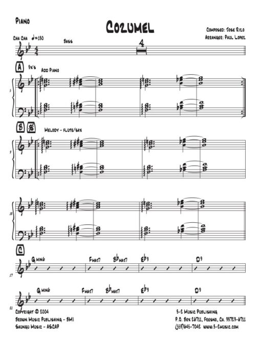 Cozumel piano (Download) Latin jazz printed sheet music www.3-2music.com composer and arranger Jose Rizo little big band instrumentation
