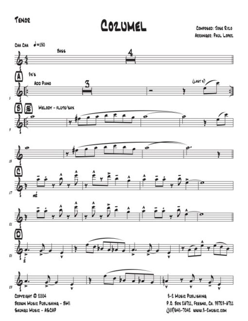 Cozumel tenor (Download) Latin jazz printed sheet music www.3-2music.com composer and arranger Jose Rizo little big band instrumentation