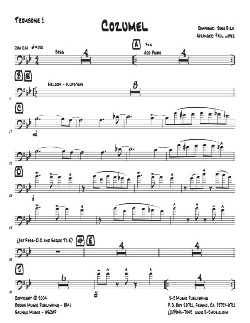 Cozumel trombone 1 (Download) Latin jazz printed sheet music www.3-2music.com composer and arranger Jose Rizo little big band instrumentation