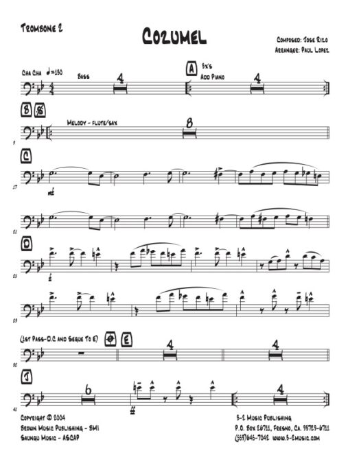 Cozumel trombone 2 (Download) Latin jazz printed sheet music www.3-2music.com composer and arranger Jose Rizo little big band instrumentation