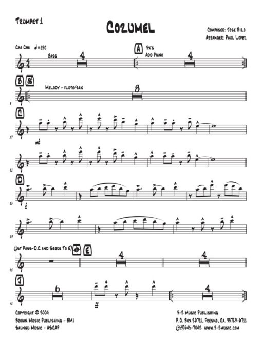 Cozumel trumpet 1 (Download) Latin jazz printed sheet music www.3-2music.com composer and arranger Jose Rizo little big band instrumentation