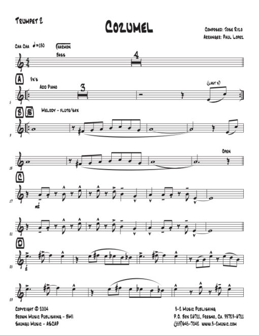 Cozumel trumpet 2 (Download) Latin jazz printed sheet music www.3-2music.com composer and arranger Jose Rizo little big band instrumentation