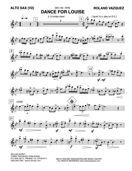 Dance for Louise alto (Download) Latin jazz printed sheet music www.3-2music.com composer and arranger Roland Vaszquez combo (nonet) instrumentation