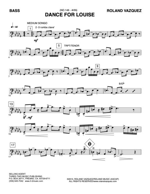 Dance for Louise bass (Download) Latin jazz printed sheet music www.3-2music.com composer and arranger Roland Vaszquez combo (nonet) instrumentation