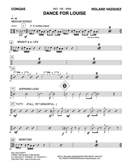 Dance for Louise congas (Download) Latin jazz printed sheet music www.3-2music.com composer and arranger Roland Vaszquez combo (nonet) instrumentation