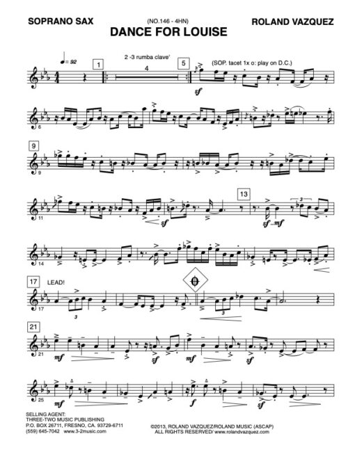 Dance for Louise soprano (Download) Latin jazz printed sheet music www.3-2music.com composer and arranger Roland Vaszquez combo (nonet) instrumentation