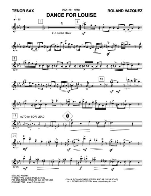 Dance for Louise tenor (Download) Latin jazz printed sheet music www.3-2music.com composer and arranger Roland Vaszquez combo (nonet) instrumentation