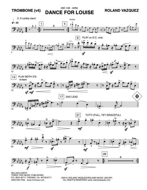 Dance for Louise trombone (Download) Latin jazz printed sheet music www.3-2music.com composer and arranger Roland Vaszquez combo (nonet) instrumentation