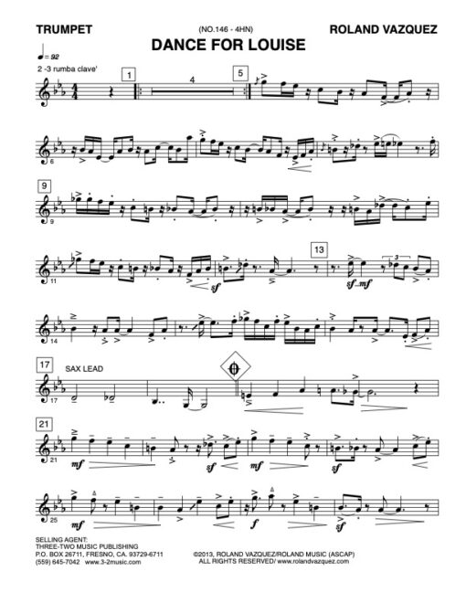 Dance for Louise trumpet (Download) Latin jazz printed sheet music www.3-2music.com composer and arranger Roland Vaszquez combo (nonet) instrumentation