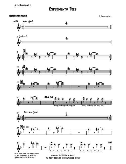 Experimento Tres alto 1 (Download) Latin jazz printed sheet music www.3-2music.com composer and arranger Enrique Fernandez combo (quartet) instrumentation