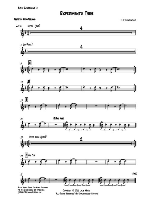 Experimento Tres alto 2 (Download) Latin jazz printed sheet music www.3-2music.com composer and arranger Enrique Fernandez combo (quartet) instrumentation