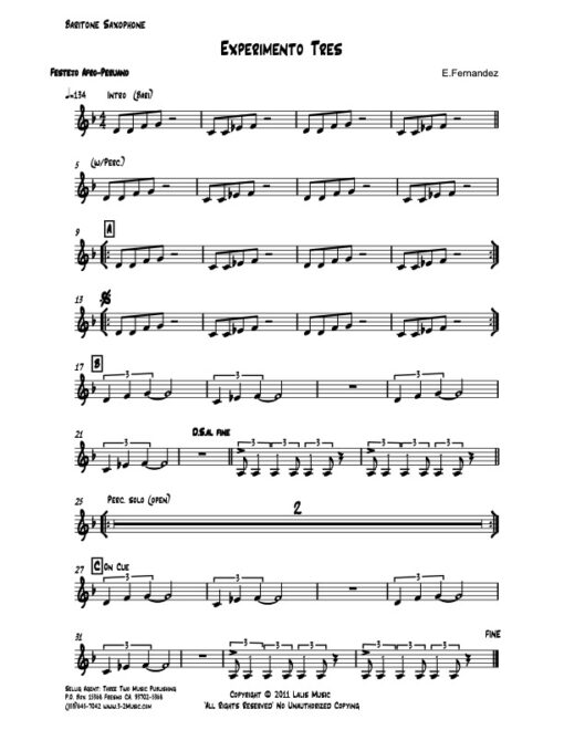 Experimento Tres bari (Download) Latin jazz printed sheet music www.3-2music.com composer and arranger Enrique Fernandez combo (quartet) instrumentation