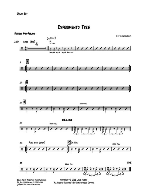 Experimento Tres drums (Download) Latin jazz printed sheet music www.3-2music.com composer and arranger Enrique Fernandez combo (quartet) instrumentation