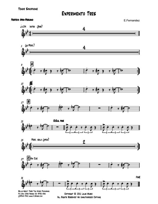 Experimento Tres tenor (Download) Latin jazz printed sheet music www.3-2music.com composer and arranger Enrique Fernandez combo (quartet) instrumentation