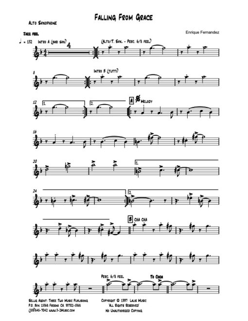 Fall From Grace alto (Download) Latin jazz printed sheet music www.3-2music.com composer and arranger Enrique Fernandez combo (quartet)