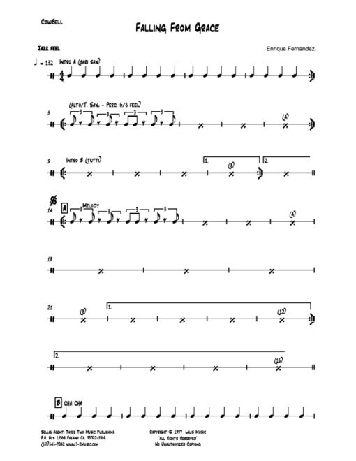 Fall From Grace cowbell (Download) Latin jazz printed sheet music www.3-2music.com composer and arranger Enrique Fernandez combo (quartet)