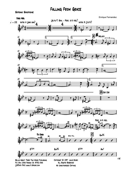 Fall From Grace soprano (Download) Latin jazz printed sheet music www.3-2music.com composer and arranger Enrique Fernandez combo (quartet)