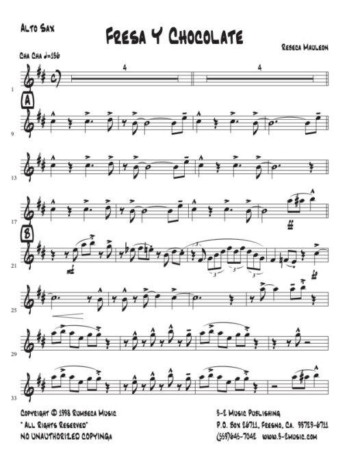 Fresa Y Chocolate alto (Download) Latin jazz printed sheet music www.3-2music.com composer and arranger Rebeca Mauleon combo (nonet) instrumentation