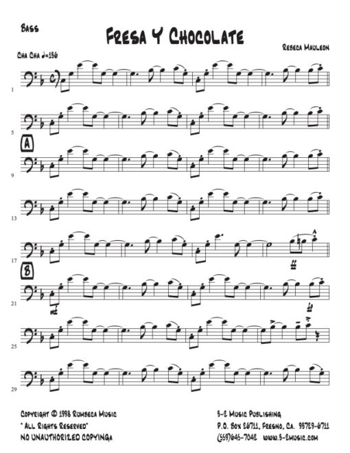 Fresa Y Chocolate bass (Download) Latin jazz printed sheet music www.3-2music.com composer and arranger Rebeca Mauleon combo (nonet) instrumentation