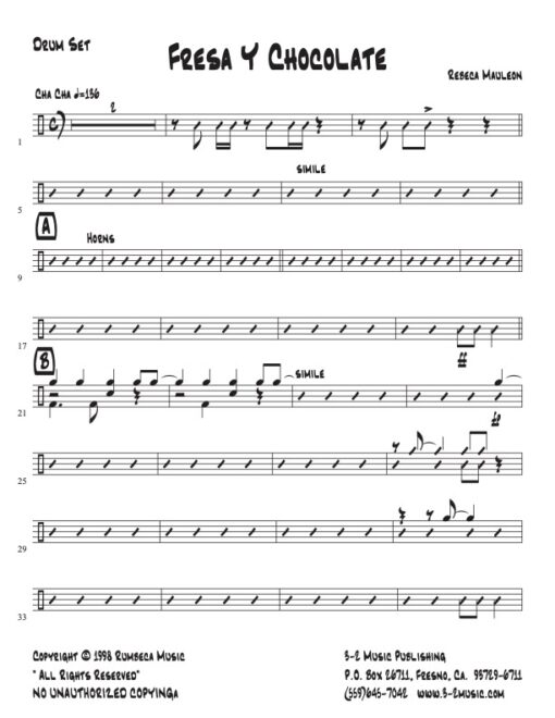 Fresa Y Chocolate drums (Download) Latin jazz printed sheet music www.3-2music.com composer and arranger Rebeca Mauleon combo (nonet) instrumentation