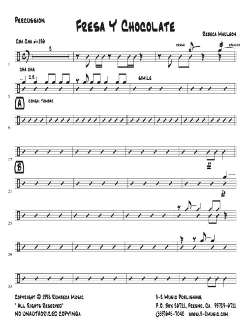 Fresa Y Chocolate percussion (Download) Latin jazz printed sheet music www.3-2music.com composer and arranger Rebeca Mauleon combo (nonet) instrumentation